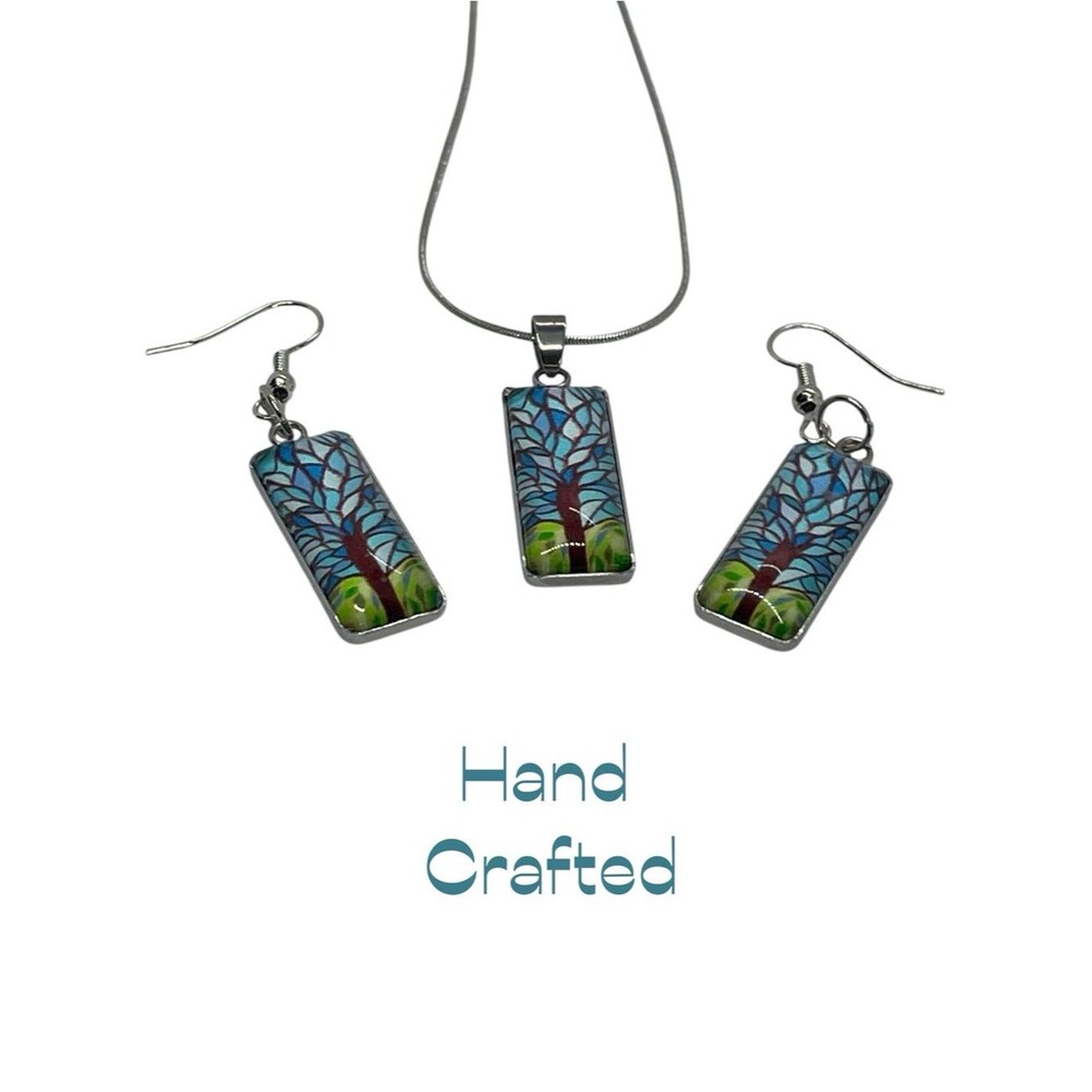 Hand Crafted Blue Green Tree Glass Rectangle Pendant Necklace Earrings Set NWT